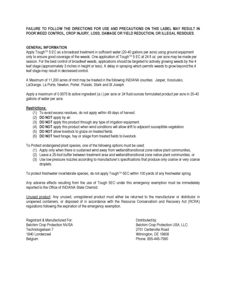 Tough® 5EC Herbicide Receives 2020 Section 18 Label for Mint in Indiana