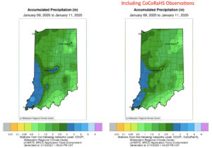 Figure 3. Comparison of maps showing interpolated precipitation observations when considering data from only the National Weather Service’s Cooperative Network (COOP; left map) to the one that includes both COOP and CoCoRaHS data (right).