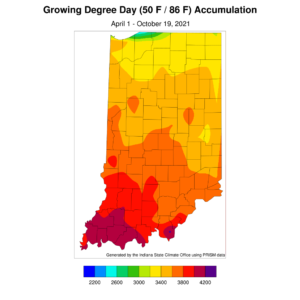 Figure 4. Modified growing degree day accumulations from April 1 to October 19, 2021.
