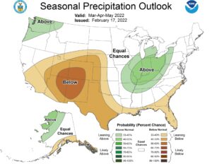 Figure 2. The precipitation outlook for March-April-May presented as the level of confidence for above- or below-normal precipitation. Source: NOAA Climate Prediction Center