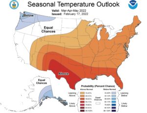 Figure 1. The temperature outlook for March-April-May presented as the level of confidence for above- or below-normal temperature. Source: NOAA Climate Prediction Center