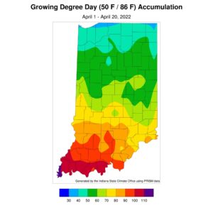 Figure 3. Modified growing degree day (50°F / 86°F) accumulation from April 1-20, 2022.