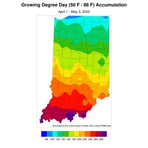 Modified growing degree day (50°F / 86°F) accumulation from April 1 – May 3, 2022.