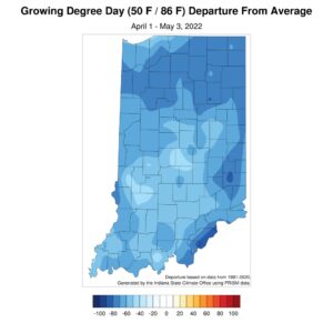 Modified growing degree day (50°F / 86°F) accumulation from April 1 – May 3, 2022, represented as the departure from the 1991-2020 climatological average.