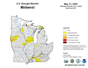 US Drought Monitor showing the introduction of Abnormally Dry (D0) conditions for a few counties in northwestern Indiana and a slight spillover of Abnormally Dry conditions in far southwestern Indiana as of May 31, 2022.