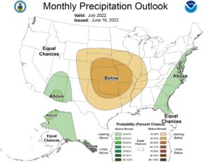 Figure 2. Precipitation outlook for the July 2022 period. These are produced by the national Climate Prediction Center and illustrate confidence of favoring above- or below-normal conditions.