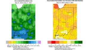 Figure 3. Interpolated map displaying accumulated precipitation for May 2-May 31, 2023 (left). Interpolated map displaying accumulated precipitation as a percent of the 1991-2020 climatological normal (right).