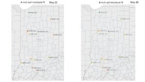 Figure 5. May 22 (left) and May 30 (right) Purdue Mesonet 4-inch soil moisture (volumetric water content) represented as a percentage. Data can be obtained by the Purdue Mesonet Data Hub.