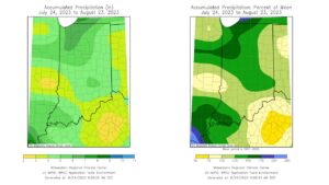 Figure 4. Observed precipitation (left) and percent of mean precipitation (right) for July 24-August 23, 2023.