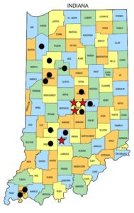 Figure 2. Map of Indiana showing 17 high tunnel tomato farms that were scouted in Aug 2023 for tomato pinworm (TPW). Red stars indicate where TPW was detected and black dots where they were not.