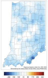 Modified growing degree day (50°F / 86°F) accumulation from April 15-September 6, 2023, represented as the departure from the 1991-2020 climatological average.