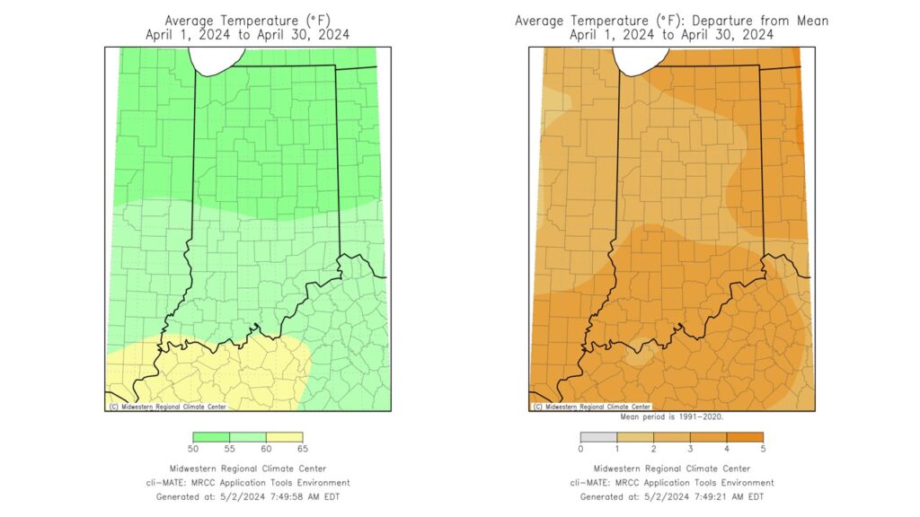 Figure 1. Left – Indiana average temperatures for April 2024. Right – Indiana average temperatures are represented as the departure from the 1991-2020 climatological average.