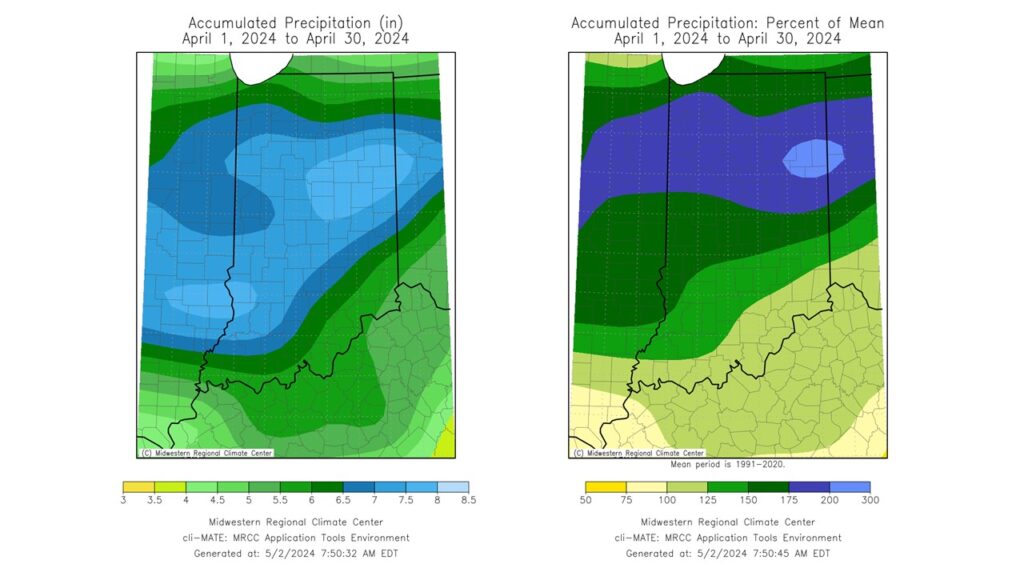Figure 3: Left – Indiana precipitation totals for April 2024. Right – Indiana’s April 2024 precipitation totals represented as the percent of the 1991-2020 climatological average.