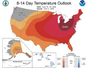 Figure 1. The National Weather Service's Climate Prediction Center's 8-14 day temperature outlook displays high confidence in above normal temperatures for the period June 19-25.