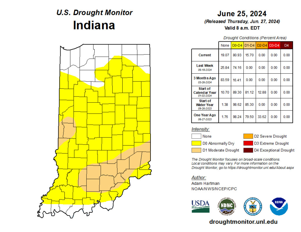 Figure 1. U.S. Drought Monitor map for Indiana based on conditions through June 27, 2024.