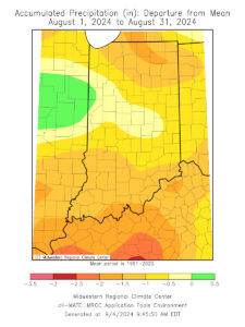 Figure 1: August 2024 accumulated precipitation represented as the departure from the 1991-2020 climatological average.