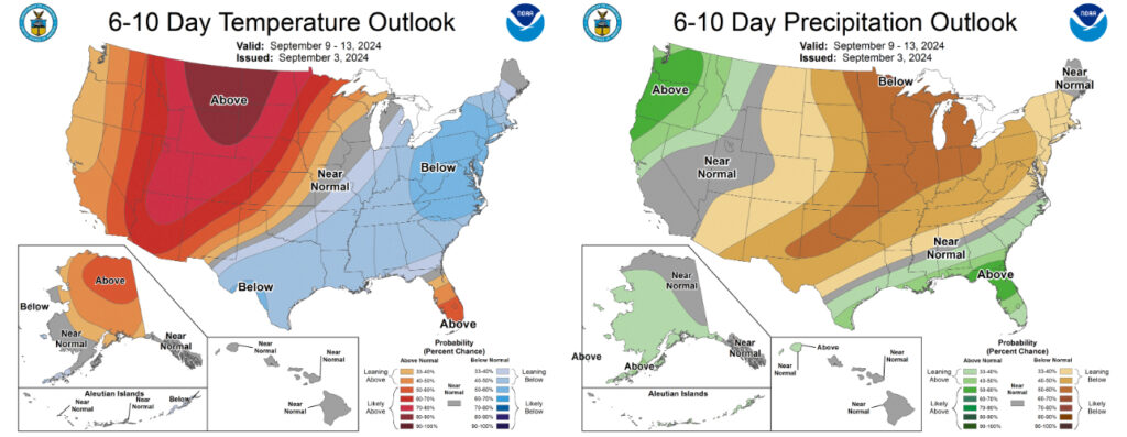 Figure 4: The Climate Prediction Center’s 6-10 Day Temperature and Precipitation Outlook, valid September 9-13, 2024.