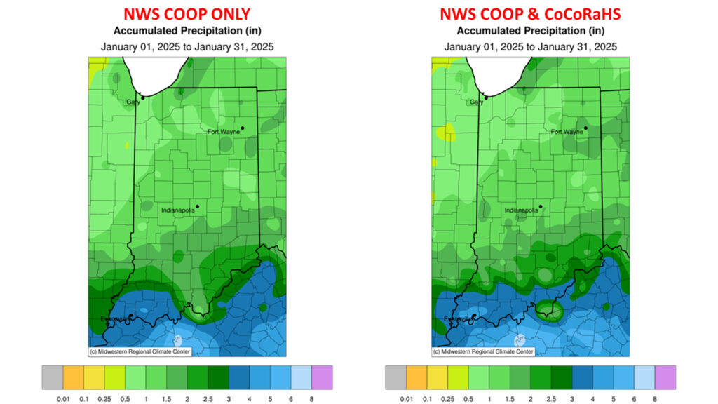 Figure 1. Left - January 2025 accumulated precipitation from NWS COOP network only. Right - January 2025 accumulated precipitation including both NWS COOP and CoCoRaHS.