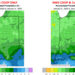 Figure 1. Left - January 2025 accumulated precipitation from NWS COOP network only. Right - January 2025 accumulated precipitation including both NWS COOP and CoCoRaHS.