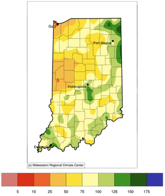 Figure 1. Precipitation from May 1 - 14, 2025, represented as a percentage of the 1991-2020 normal amounts for that period