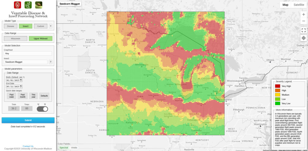 Figure 6. Screenshot of VDIFN tool showing current (5/22/2025) development of seedcorn maggot based on weather data.