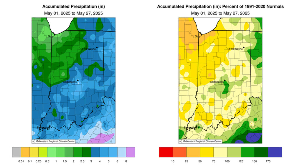 Figure 1. Left - May 1-27, 2025, accumulated precipitation represented as the departure from the 1991-2020 climatological normal. Right - May 1-27, 2025, accumulated precipitation represented as the percent of the 1991-2020 climatological normal.