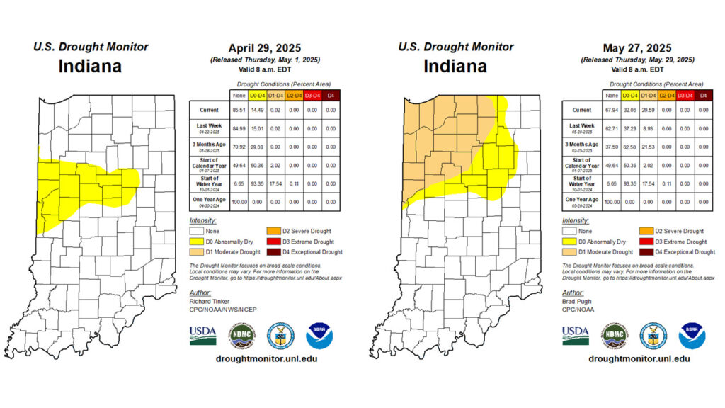 Figure 2: Left - April 29, 2025, US Drought Monitor Map. Right - May 27, 2025, US Drought Monitor Map.