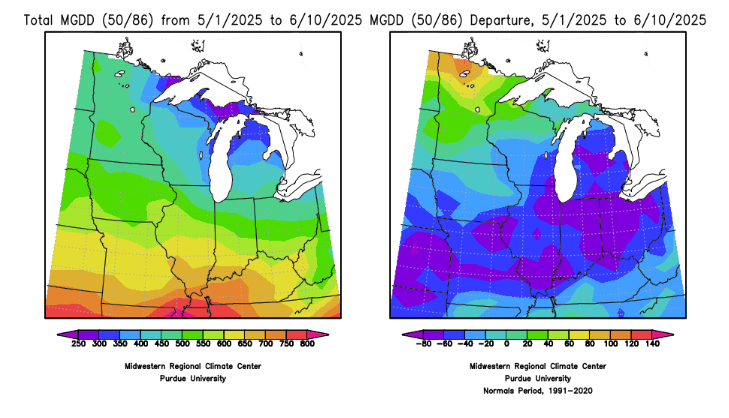 Figure 1: MGDD accumulations and departure from the climatological average for May 1 to June 10, 2025.