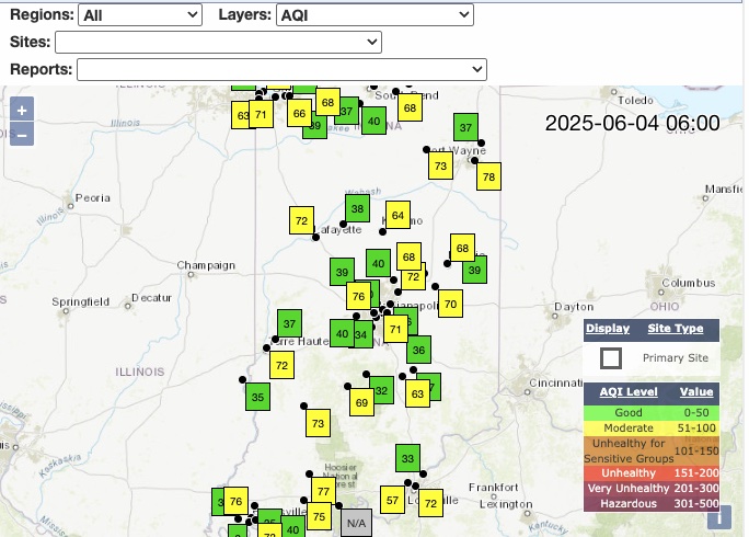 Figure 2. Example output from the Indiana Department of Environmental Management’s near real-time air quality map. ( https://www.in.gov/idem/airmonitoring/air-quality-data/).