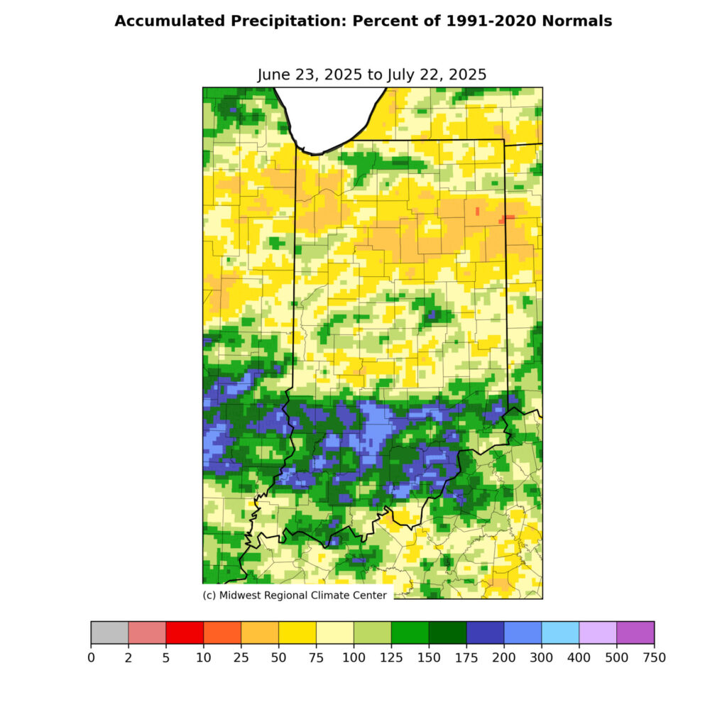 Figure 5. Accumulated precipitation from June 23 to July 22 shown as a percentage of the 1991-2020 normals.
