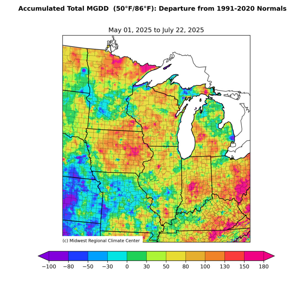 Figure 7. MGDD (base 50, ceiling 86F) accumulation for May 1 – July 22 represented as the departure from the 1991-2020 climatological normal.