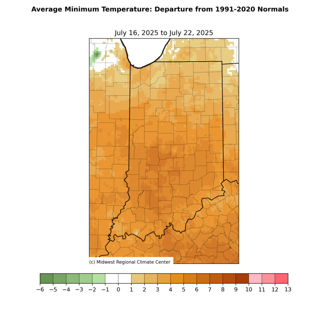 Figure 3. July 16-22 Min Temperature departure from the 1991-2020 normal.