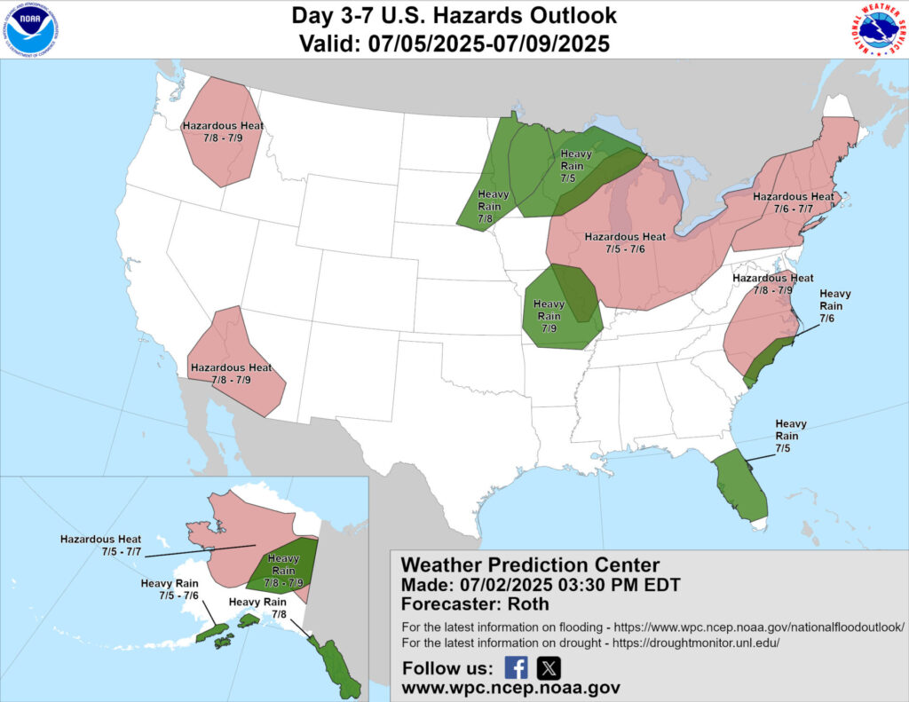 Figure 3. National maps indicating potential weather hazards for July 5-9, 2025.