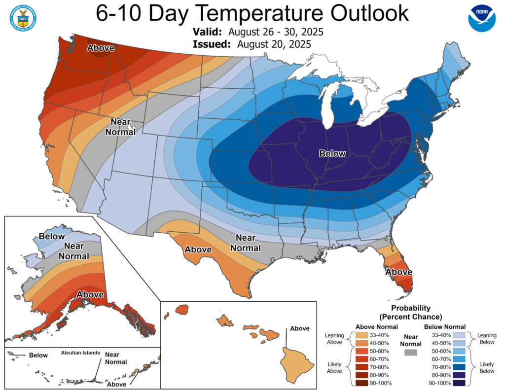 Figure 1. The CPC indicates a nearly 100% chance of below normal temperatures over much of the Midwest.