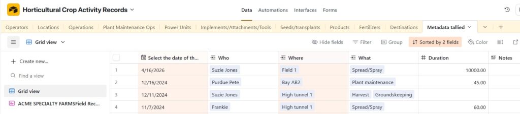 Figure 2.Screen capture of a portion of horticultural crop records in Airtable.