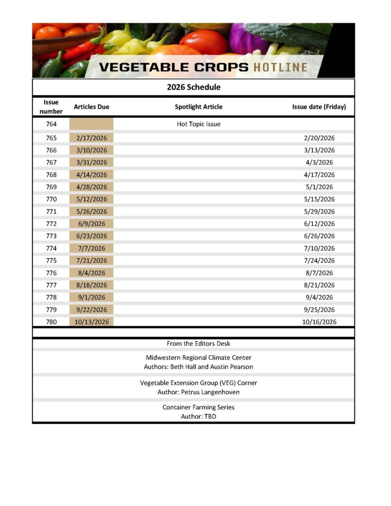 2026 Vegetable Crops Hotline Publication Schedule