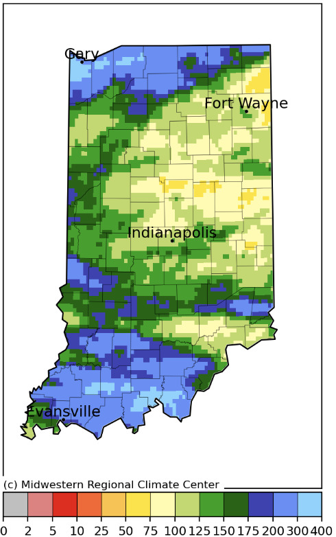 Map of Indiana indicating accumulated precipitation for the period June 9 to July 8 for the years 1991 to 2020.