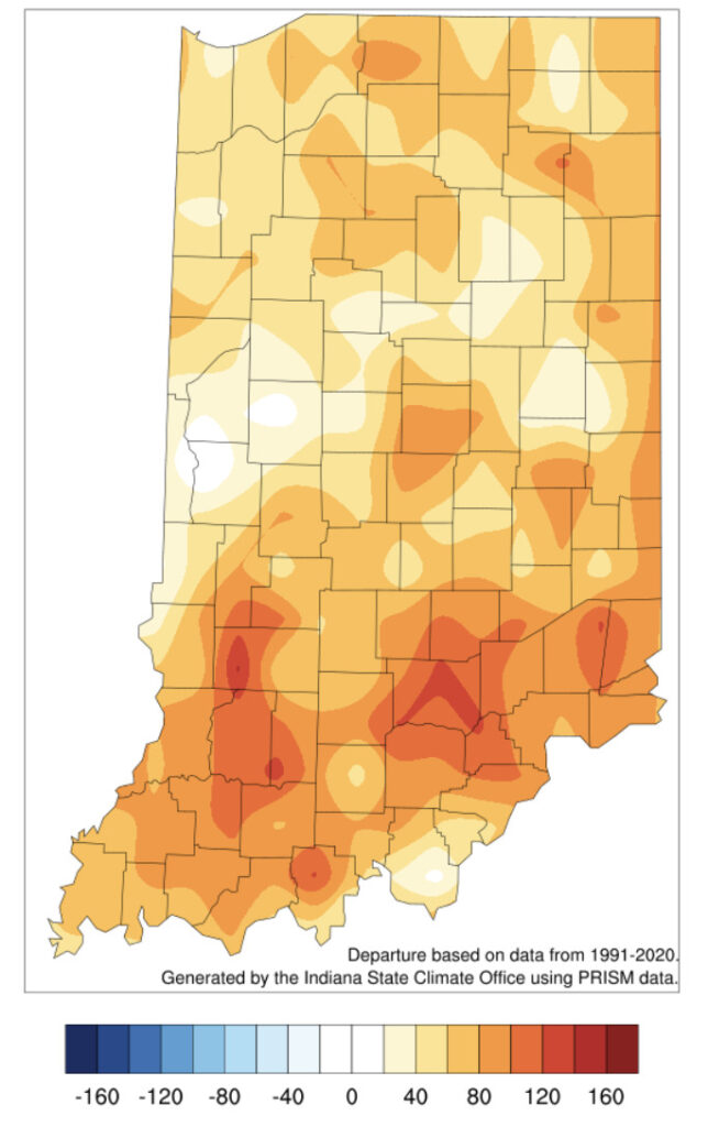 Map of Indiana indicating accumulated modified growing degree days for the period April 15 to July 7, 2026.