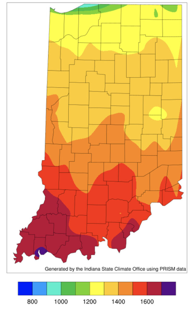 Map of Indiana indicating accumulated growing degree days from April 15 to July 7 2026.