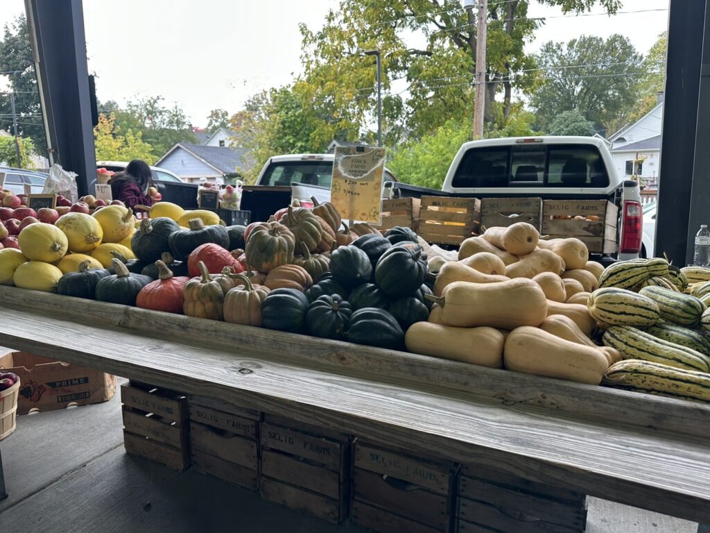 Farm market display featuring pumpkins, acorn squash, butternut squash, delicata squash, and other fall produce arranged on wooden tables.